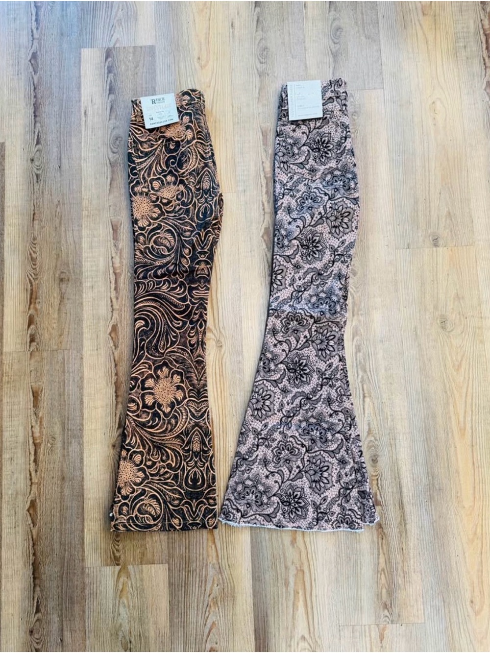 Kids Floral Print Flared Jeans - Pink and Brown